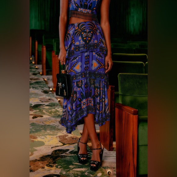 NWT FARM RIO Blue Martina Scarf Beaded Midi Skirt - Picture 2 of 4